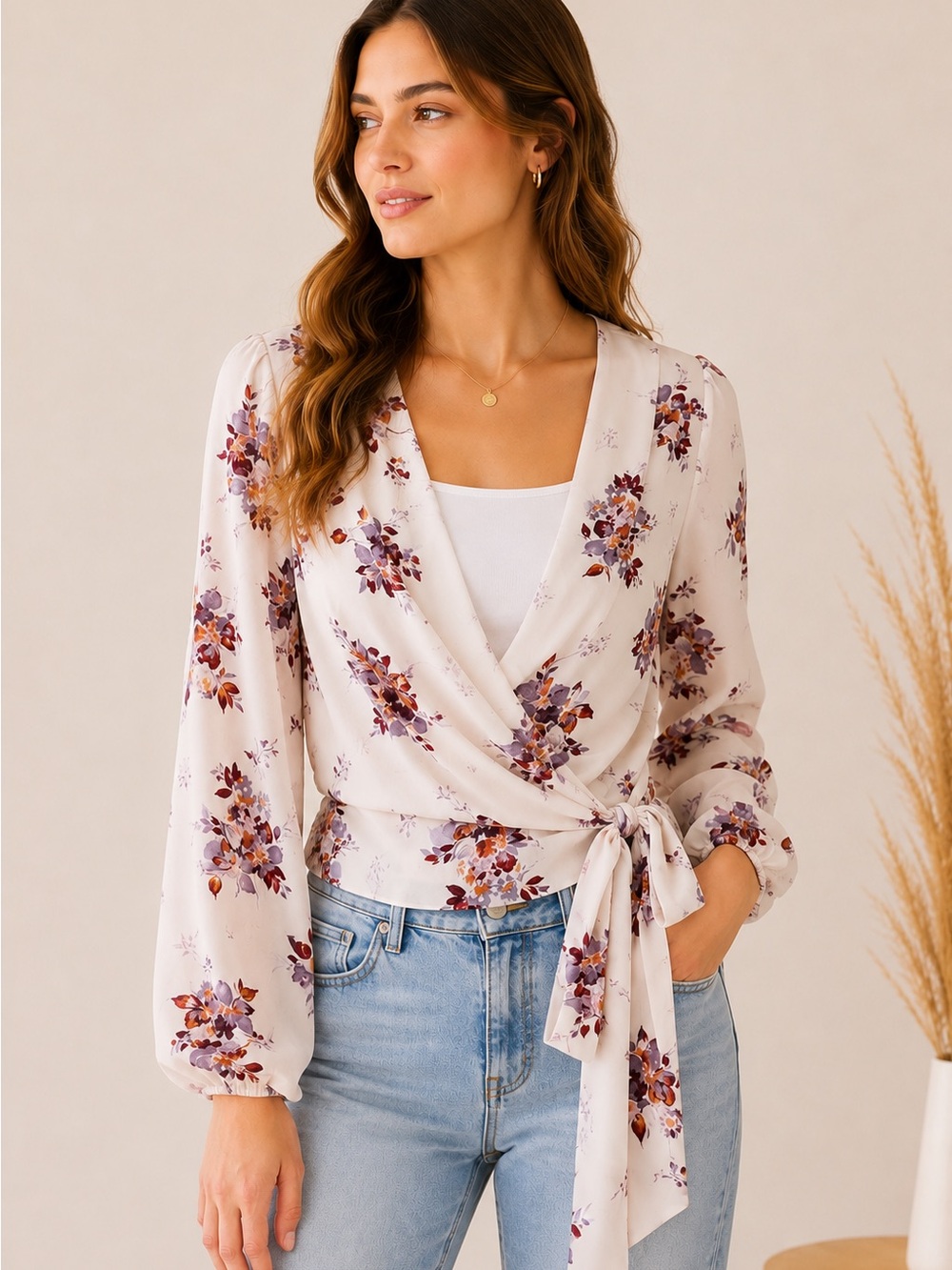 1. STATE Floral Wrap Blouse XS Ivory Long Sleeve Tie Waist Faux Wrap Top